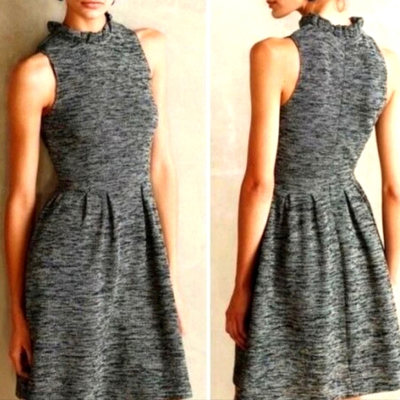 Ganni Anthropologie Pinnacle Tweed Knit Ruffle Mock Neck Fit & Flare Dress - Picture 3 of 11